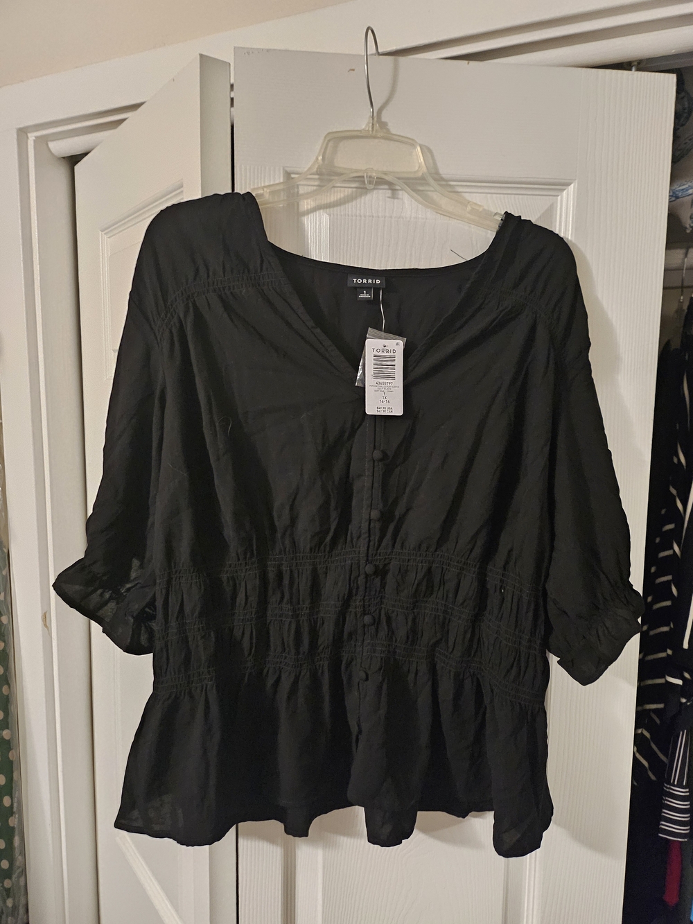 Torrid Black Peplum Challis Piff Sleeve Blouse with Smocked Waist